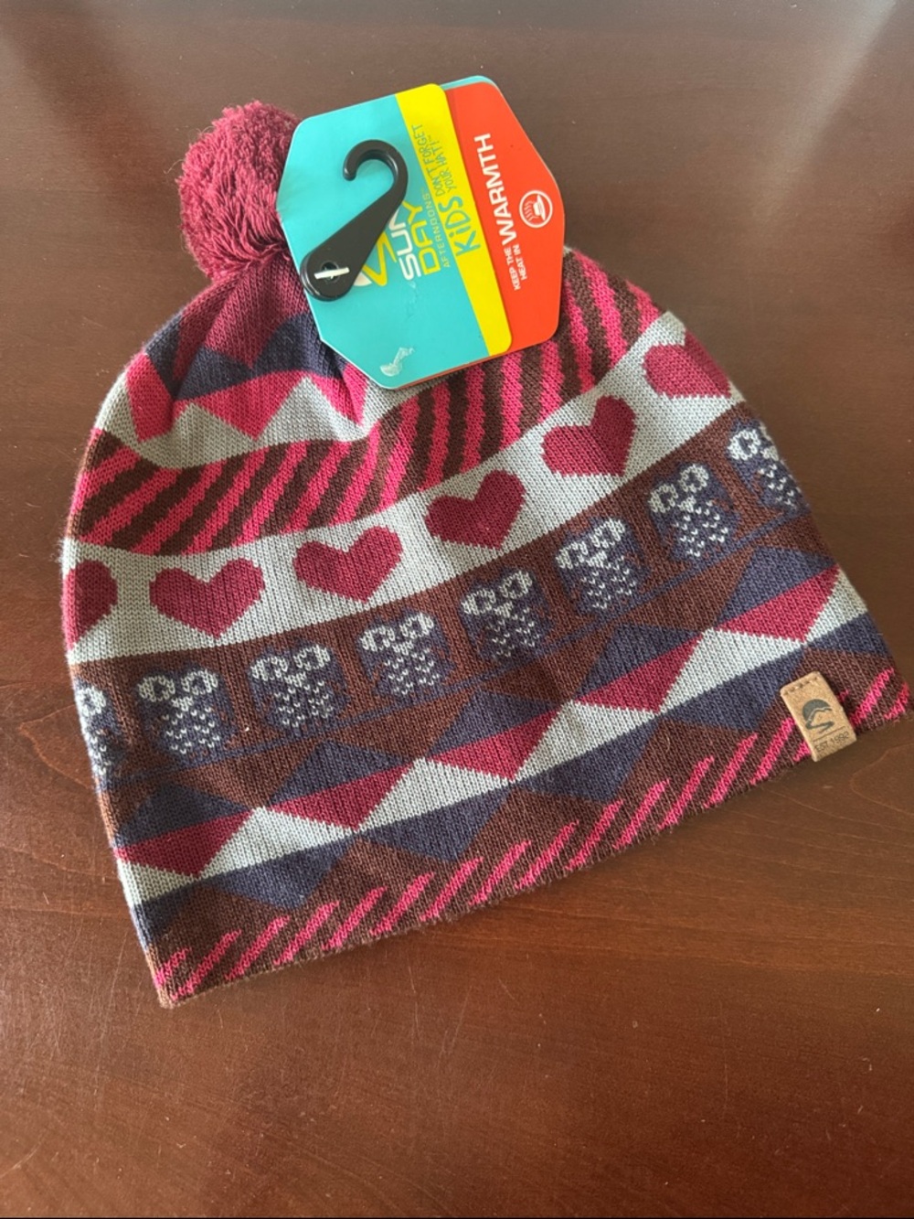 Sun Smart Kids Maroon Heart & Owl Pom Beanie